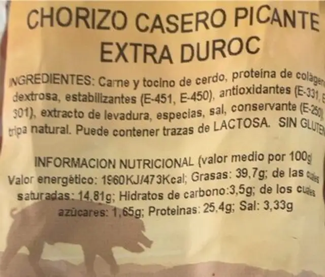 Chorizo casero picante extra duroc nutrition facts table
