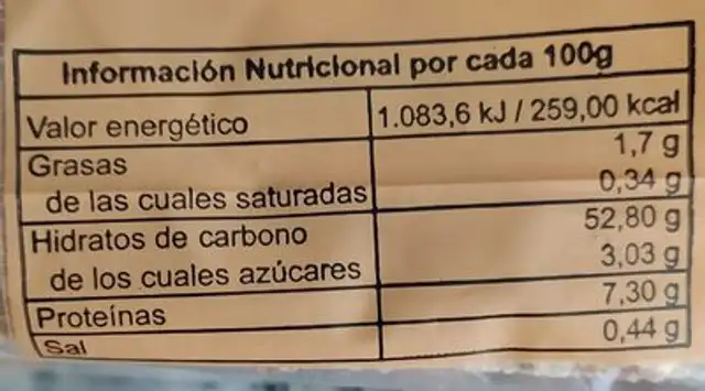 Pan Rústico integral cortado nutrition facts table