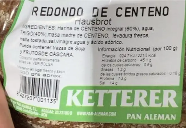 Redondo de centeno nutrition facts table