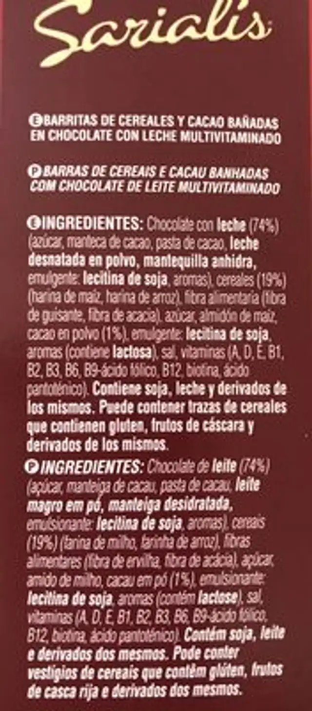 Barritas De Chocolate Con Leche Sarialis Bicentury ingredients label