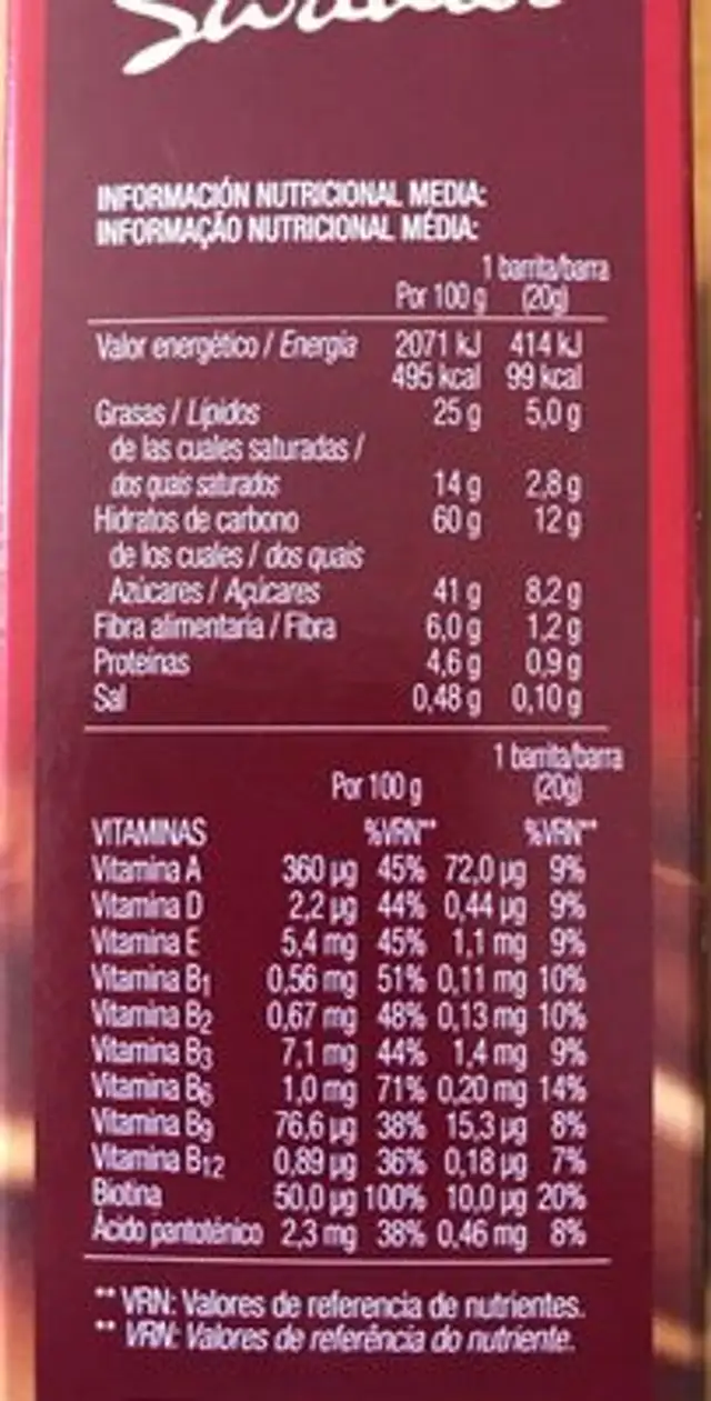 Barritas De Chocolate Con Leche Sarialis Bicentury nutrition facts table
