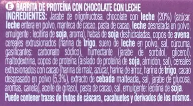 Barrita De Cereales Con Proteina Chocolate Con Leche Bicentury ingredients label