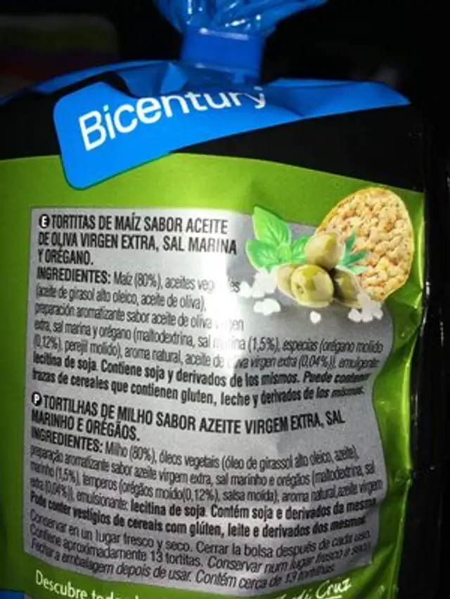 Tortita Con Aceite, Sal Marina Y Orégano Bicentury ingredients label