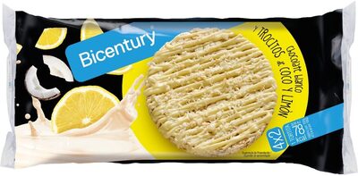 Tortitas de arroz con chocolate blanco y trocitos de coco y limón