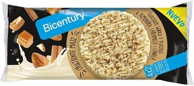 Tortitas de arroz con chocolate blanco,canela y caramelo front packaging