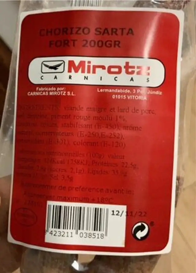 Chorizo Sarta Fort nutrition facts table