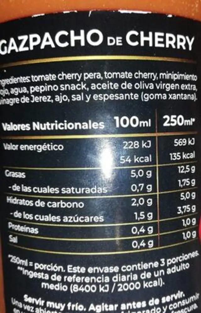 Gazpacho de cherry premium nutrition facts table