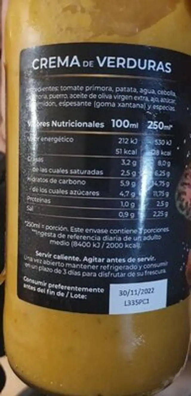 Crema de verduras nutrition facts table