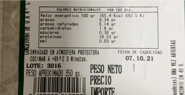 Longaniza nutrition facts table