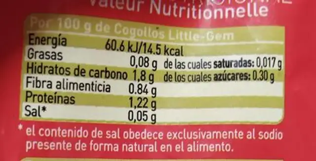 Cogollos x2 nutrition facts table