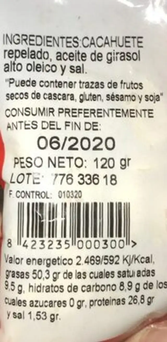 Frutos secos Cacahuetes nutrition facts table