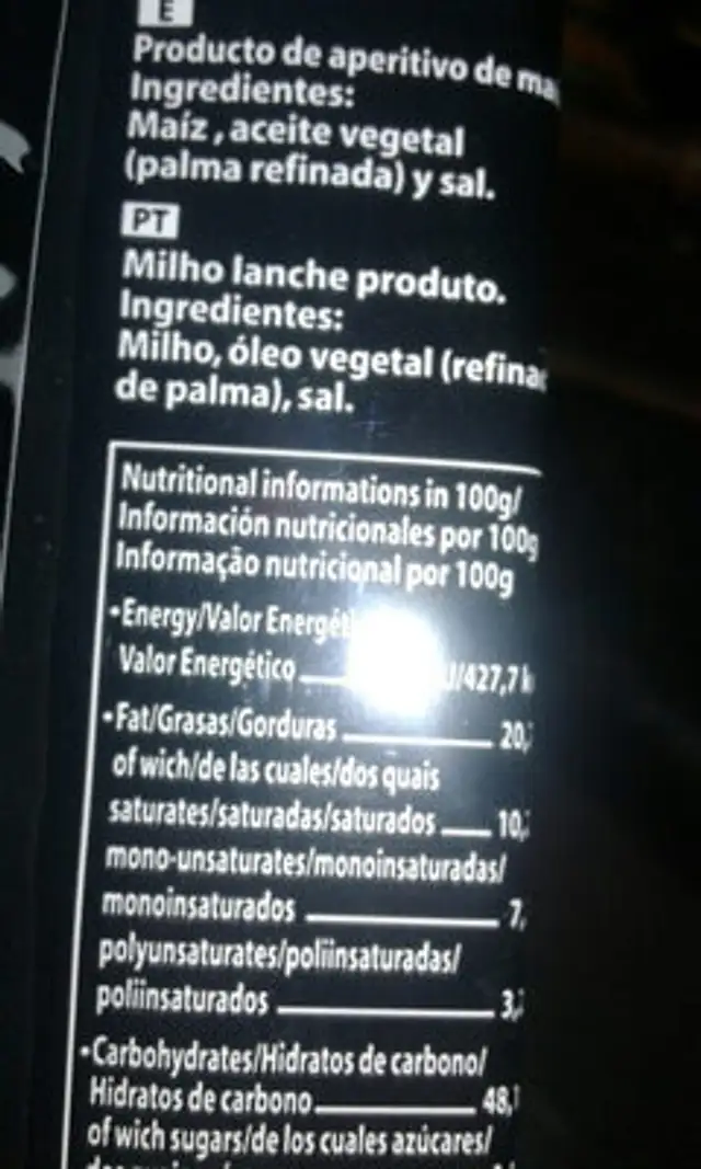Popcorn ingredients label