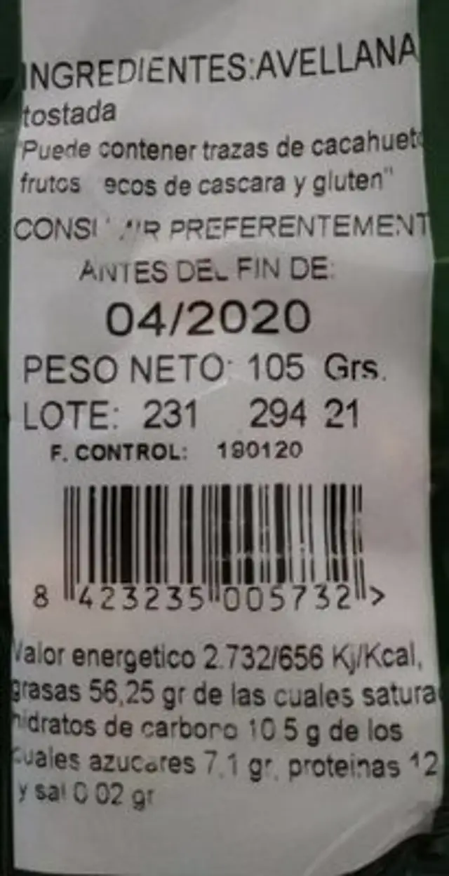 Frutos secos nutrition facts table