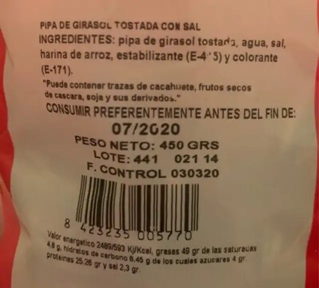PIPA GIRASOL TOSTADA CON SAL nutrition facts table