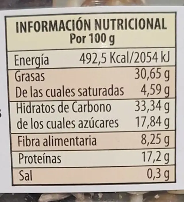 Mix Natural 100% nutrition facts table