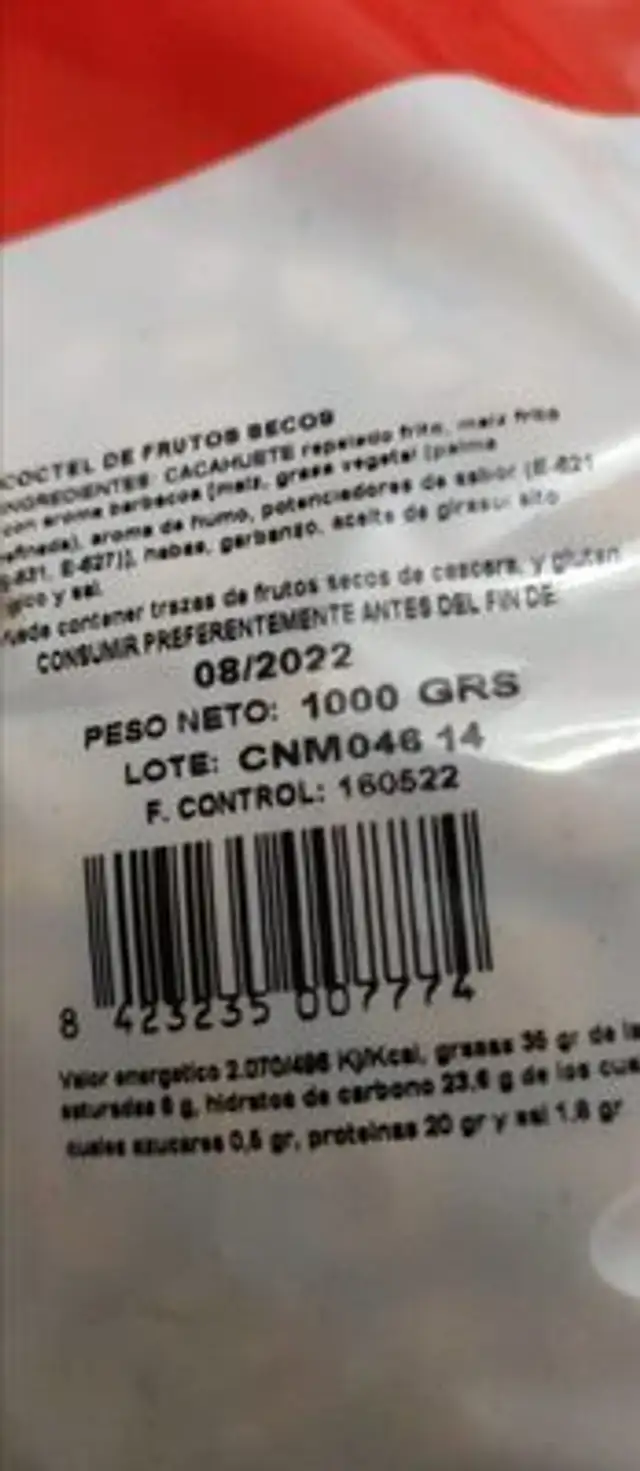 Frutos secos nutrition facts table