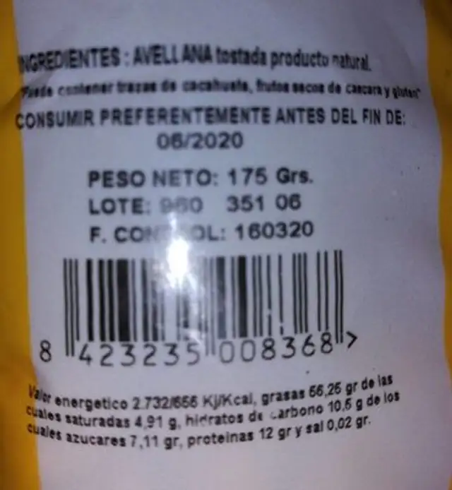 Avellana toros nutrition facts table