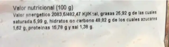 Frutos secos nutrition facts table