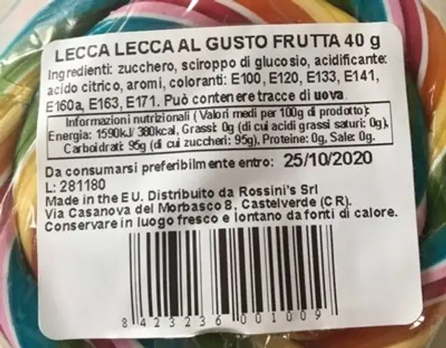 Lecca lecca al gusto frutta ingredients label