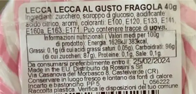 Lecca lecca gusto fragola nutrition facts table