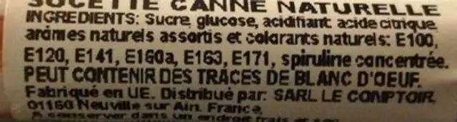 Sucette canne naturelle ingredients label