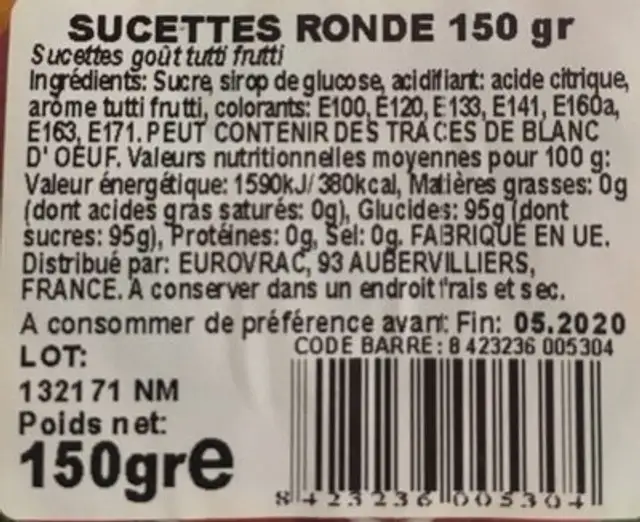 Sucette ronde 150gr ingredients label