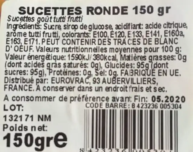 Sucette ronde 150gr nutrition facts table
