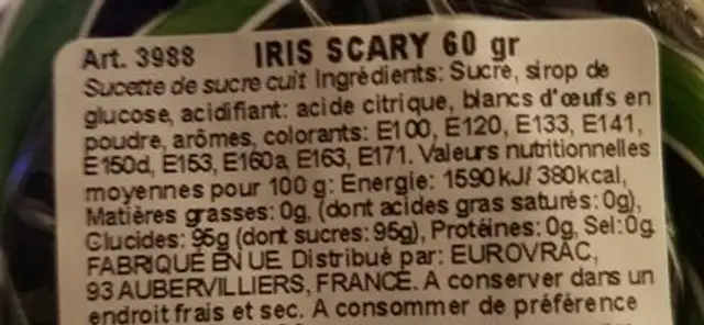 Sucette de sucre cuit ingredients label