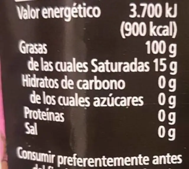 Aceite de oliva virgen extra arbequina nutrition facts table