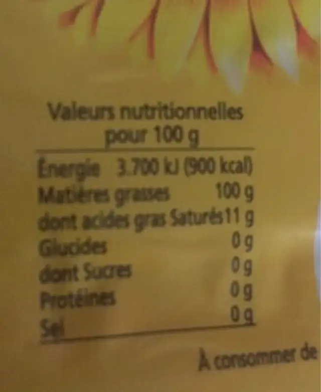 Huile de tournesol nutrition facts table