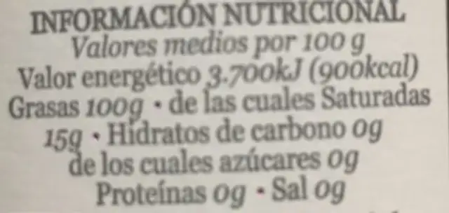 Aceite de oliva virgen extra nutrition facts table