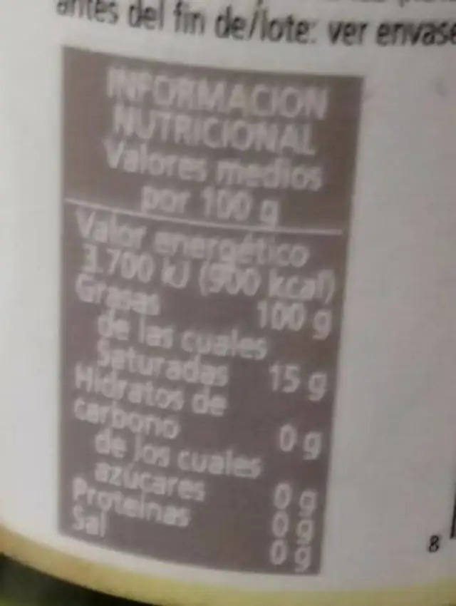 Aceite nutrition facts table