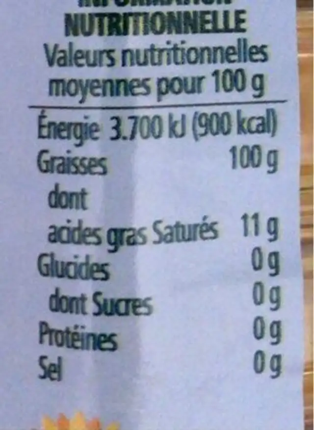 Huile de tournesol nutrition facts table