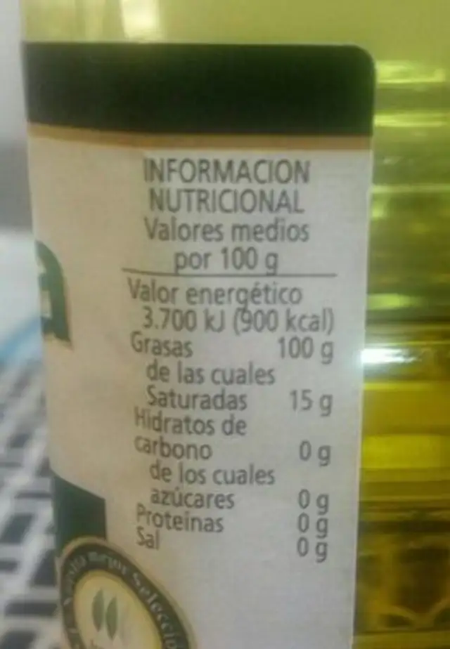 Aceite oliva virgen extra nutrition facts table