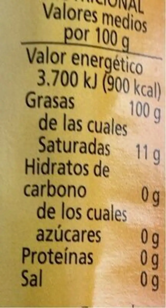 Aceite refinado de girasol nutrition facts table