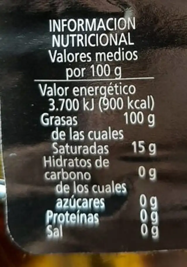 Aceite de oliva nutrition facts table