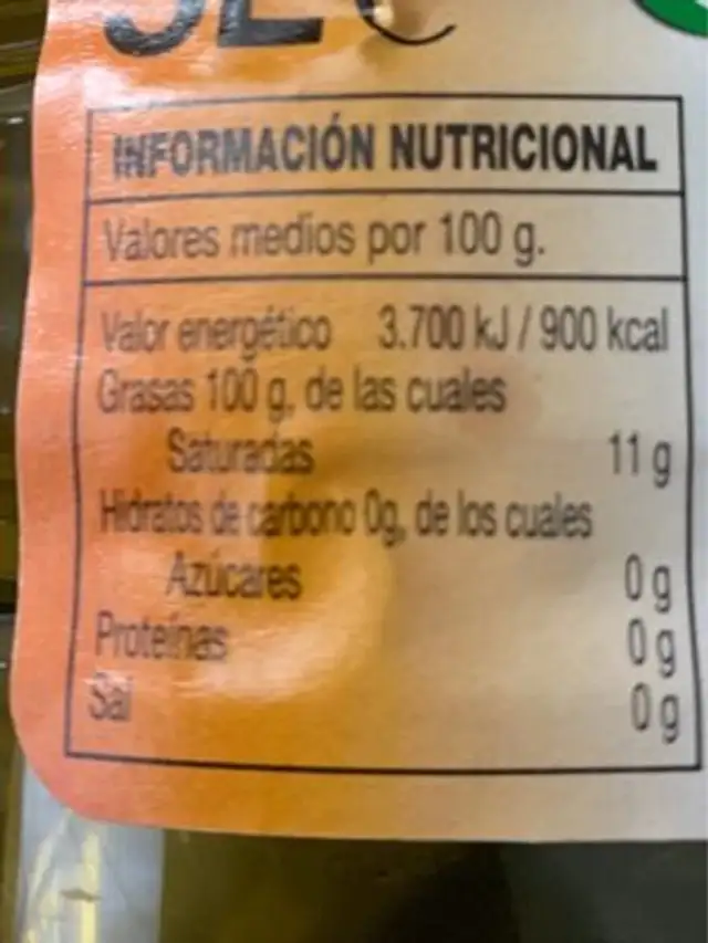 Aceite refinado de girasol nutrition facts table