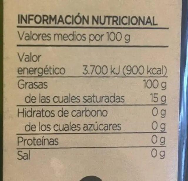 Aceite de oliva virgen nutrition facts table