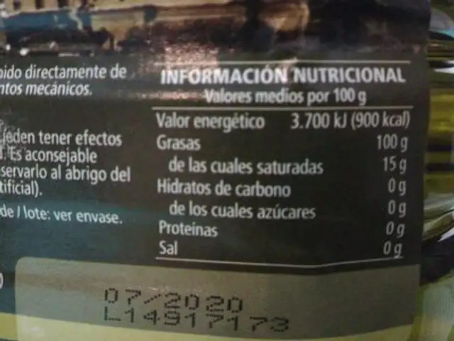 Aceite de oliva virgen extra nutrition facts table