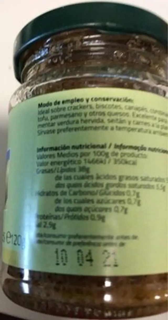 Paté de Olivas Verdes nutrition facts table