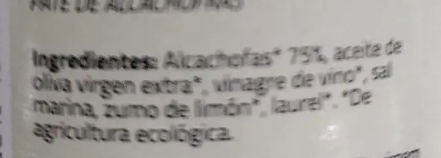 Paté de Alcachofas ingredients label