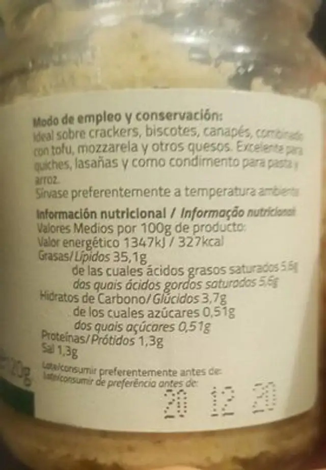 Paté de Alcachofas nutrition facts table