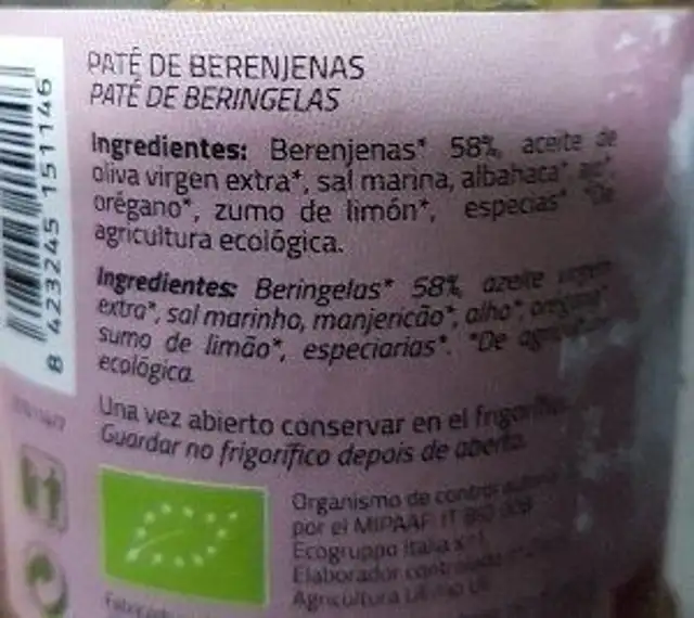 Paté de Berenjenas ingredients label