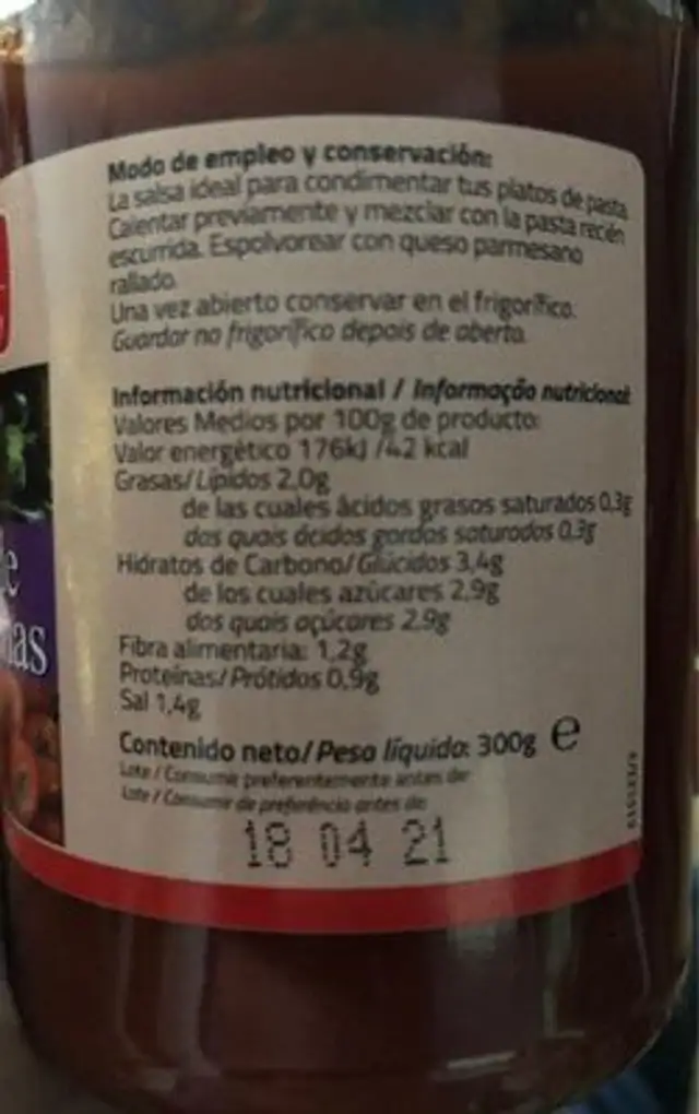Salsa de berenjenas nutrition facts table
