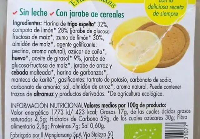 Tartaleta Espelta Limon Eco 240G Espiga Biologica nutrition facts table