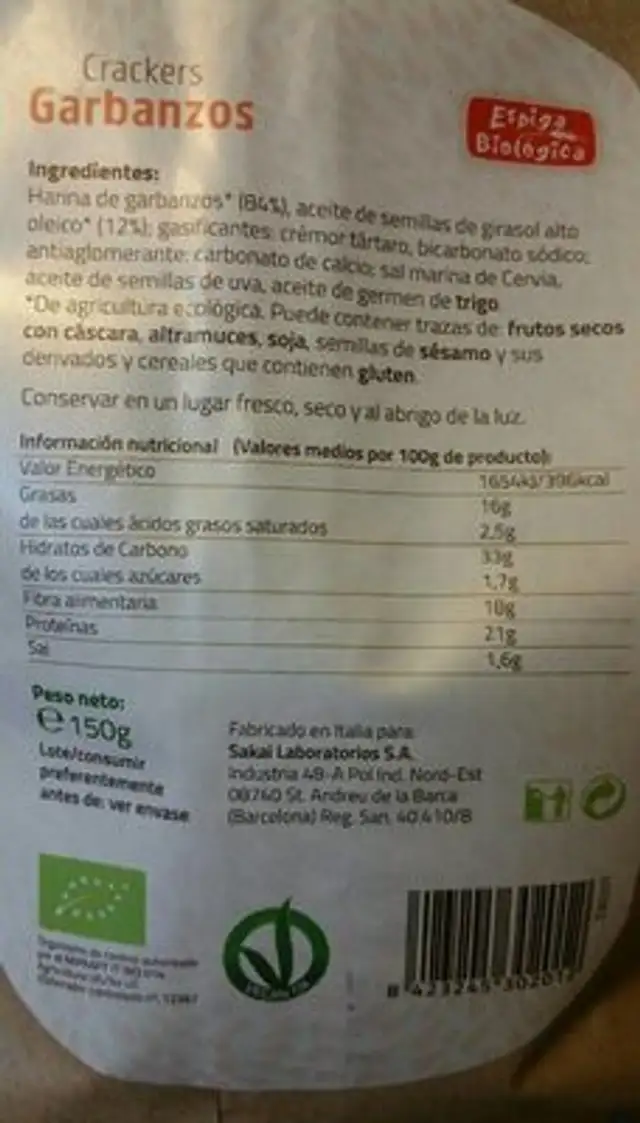 Crackers garbanzos nutrition facts table