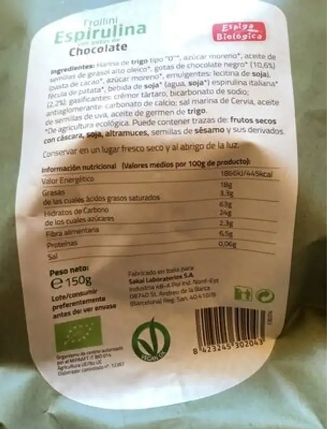 Frollini espirulina nutrition facts table
