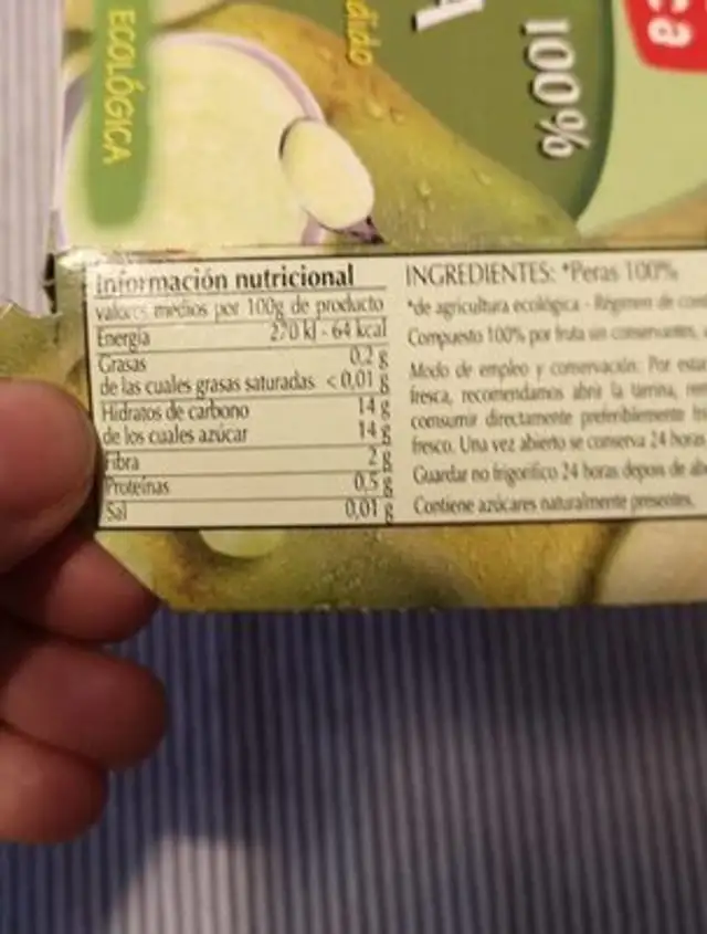 Espiga Biológica Pear Compote 100% nutrition facts table