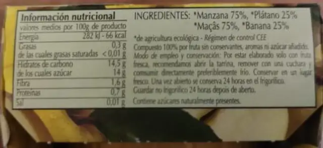 Solofruta 100% Manzana platano nutrition facts table