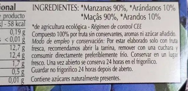 Solofruta 100% Manzana Arandanos ingredients label
